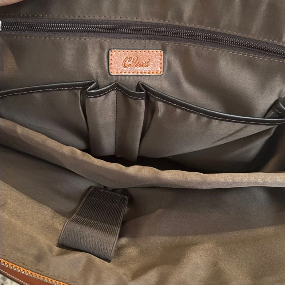 Cluci Leather Briefcase Tote Laptop Bag Brown Cream Work Satchel Structured